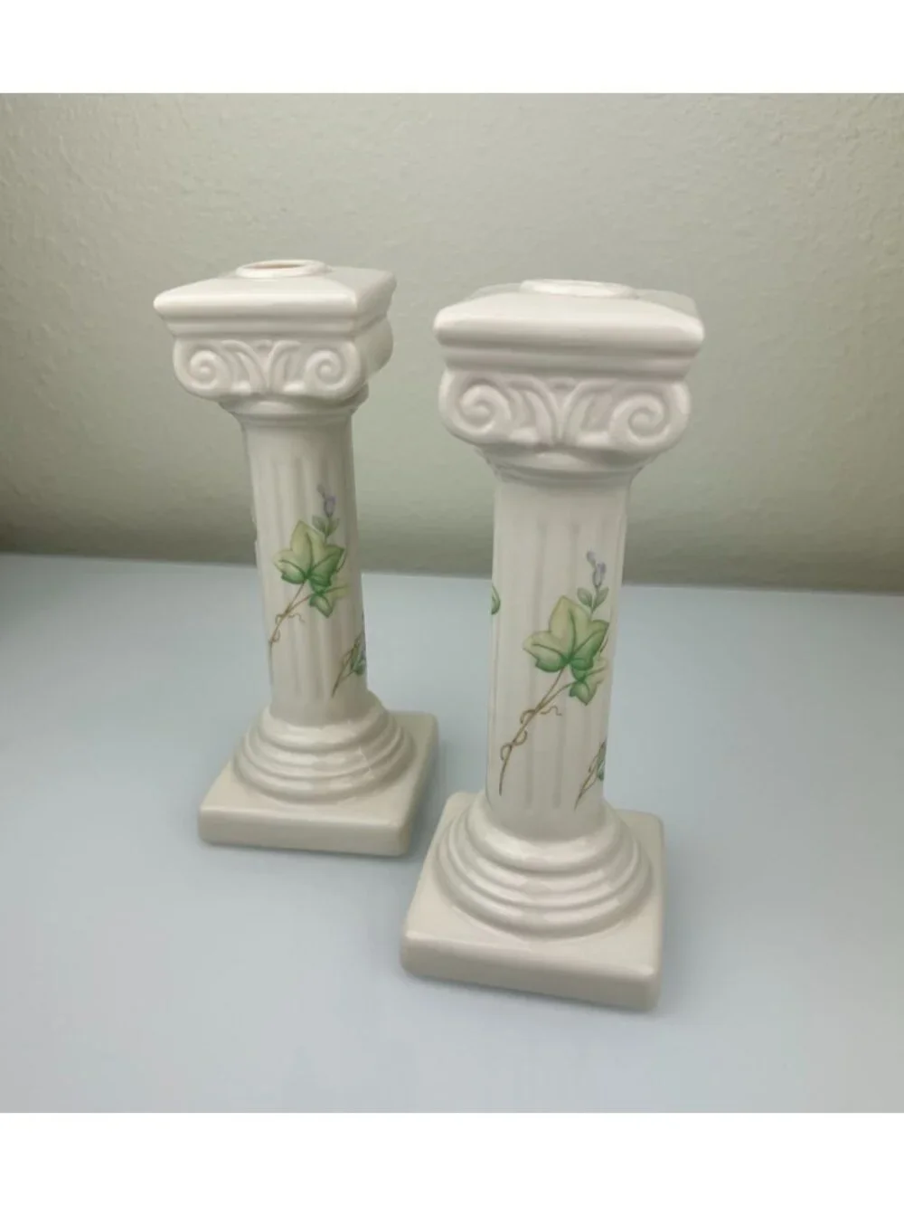 Belleek Classic Ivy Column Taper Candlesticks Ireland Ceramic Green Mark Home